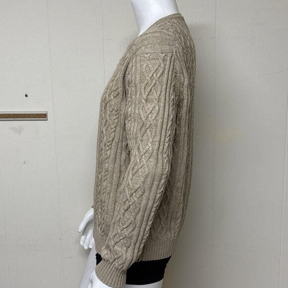 Tasso Elba Cable Knit Sweater Mens L Wheat 100% Cotton V Neck Heavy Pullover - Picture 2 of 9